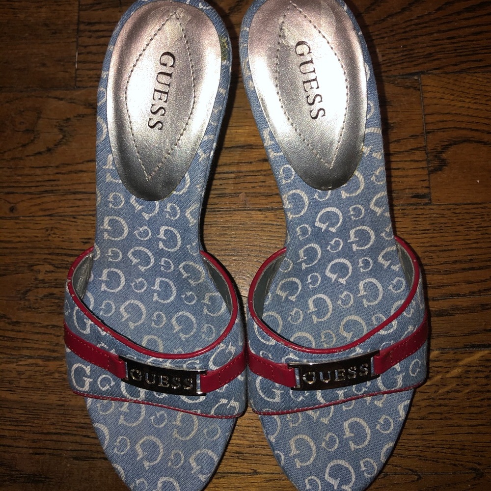 Guess blue and red wedge heels